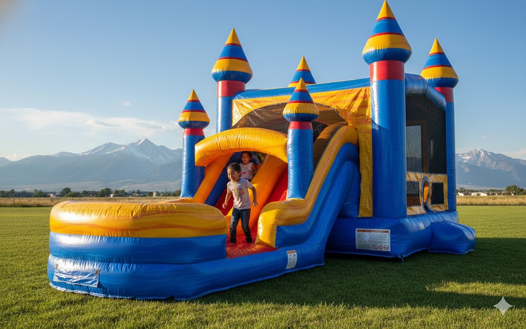 Bounce house rentals in Longmont, CO featuring a clean blue and yellow combo unit with a single child on the slide and a scenic Colorado mountain backdrop.