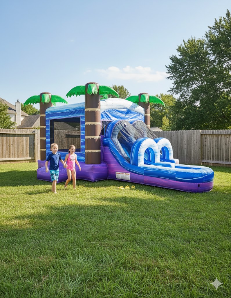 Bounce house rentals in Boulder, CO featuring a tropical combo inflatable with slide set up in a backyard with two children playing